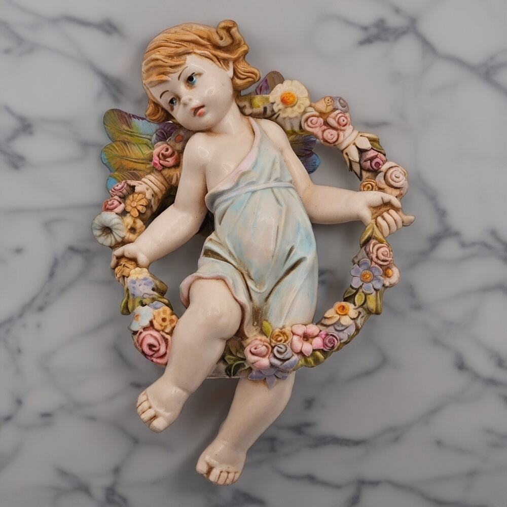 Fontanini Floral Cherub Angel Figurine Depose Italy Signed Simonetti Vintage